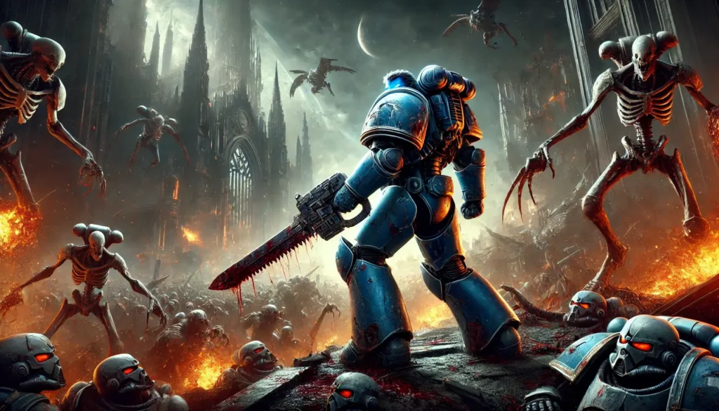 Space Marine in blauer Rüstung kämpft mit einem blutverschmierten Kettenschwert gegen außerirdische Kreaturen auf einem apokalyptischen Schlachtfeld