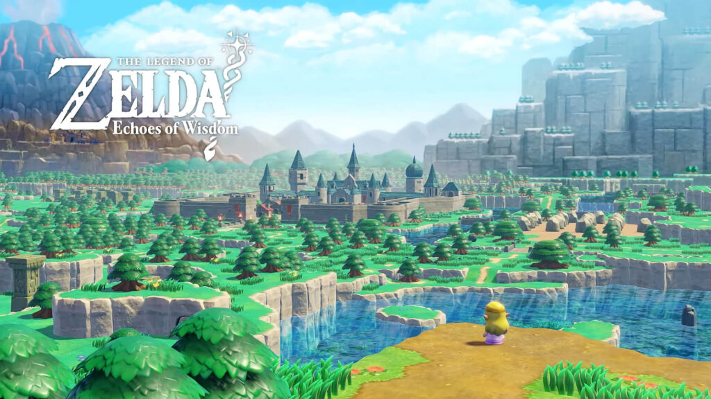 Landschaft von Hyrule in The Legend of Zelda: Echoes of Wisdom mit Blick auf das Schloss und die umliegenden Wälder.