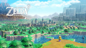 Landschaft von Hyrule in The Legend of Zelda: Echoes of Wisdom mit Blick auf das Schloss und die umliegenden Wälder.