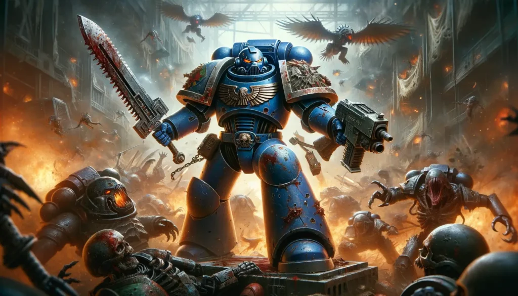 Ein Space Marine in Warhammer 40K: Space Marine 2 kämpft inmitten von Tyraniden und blutiger Schlachtfeldumgebung.