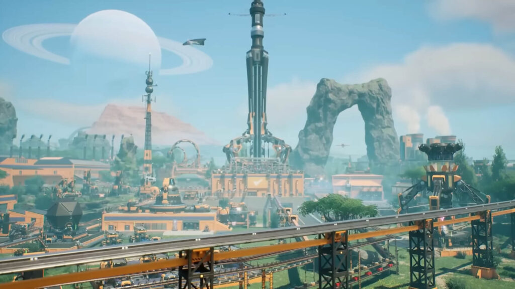 Futuristische Fabriklandschaft in Satisfactory 1.0 mit großen Produktionsanlagen und Förderbändern vor einem Planeten mit Ringen.